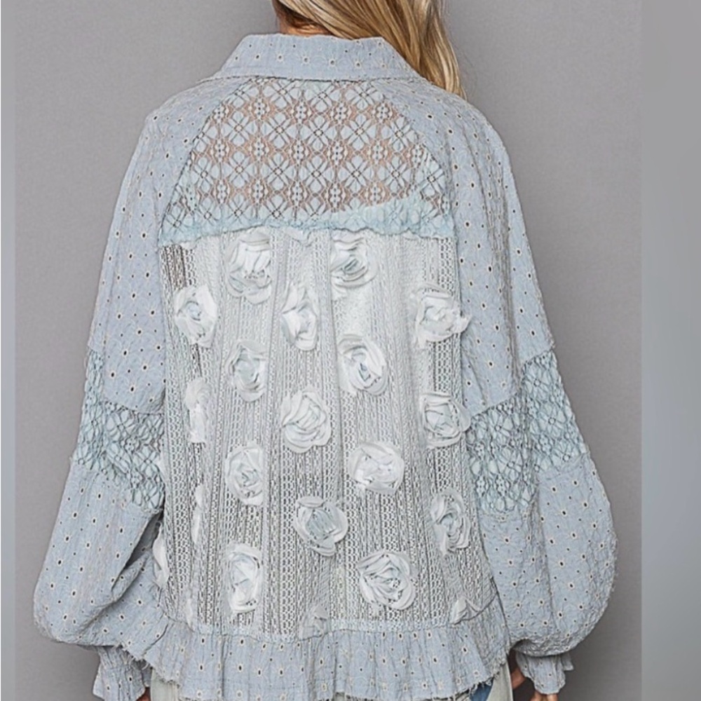 POL Light Gray Floral Appliqué Sequin shacket with balloon sleeves nwt - Picture 6 of 7
